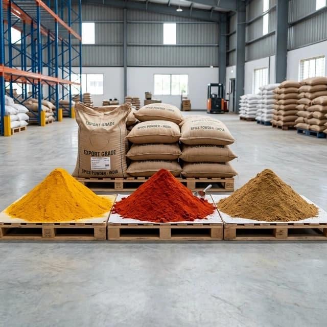 Spice powders arranged for inspection in a clean processing warehouse
